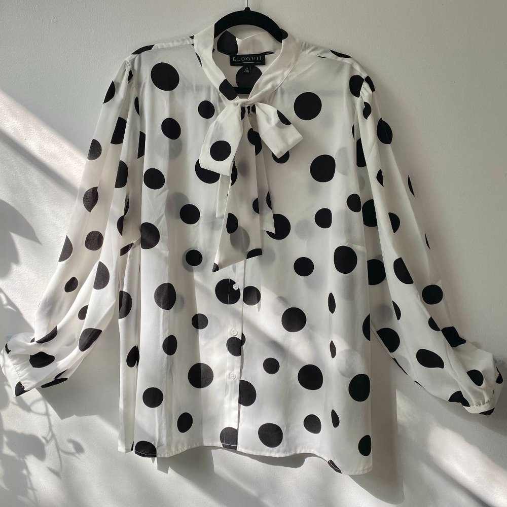 Eloquii Black & White Polka Dot Tie Front Bow Blouse Top Size 24